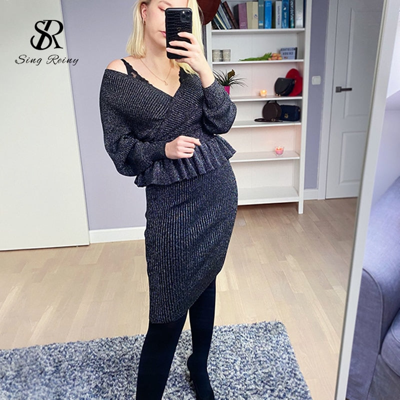 SINGRAIN Autumn Women Shiny Knitting Skirts Sets Lurex Ruffles Long Sleeves Wool Warm Sweater knitted Two Pieces Set Women KilyClothing