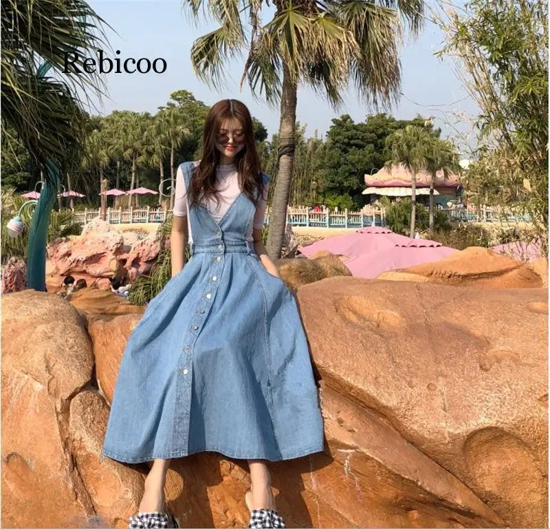 Rebicoo Women Denim Dress  Fashion Single Breasted Spaghetti Strap Jean Dress Women Tunic Big Hem Backless Dress Vestidos KilyClothing