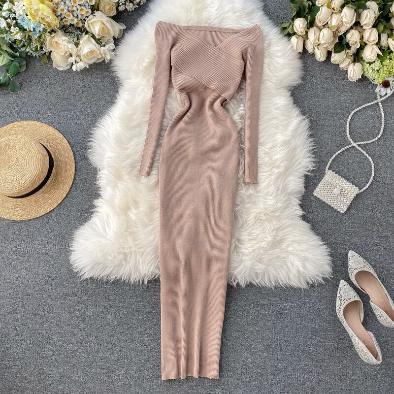 SINGRAIN Slash Neck Knitted Dress Women Sexy Off Shoulder Cross Elastic Warm Dress Autumn Winter Fashion Sweater Bodycon Dress KilyClothing