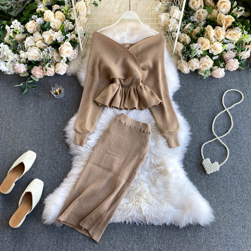 SINGRAIN Autumn Women Shiny Knitting Skirts Sets Lurex Ruffles Long Sleeves Wool Warm Sweater knitted Two Pieces Set Women KilyClothing