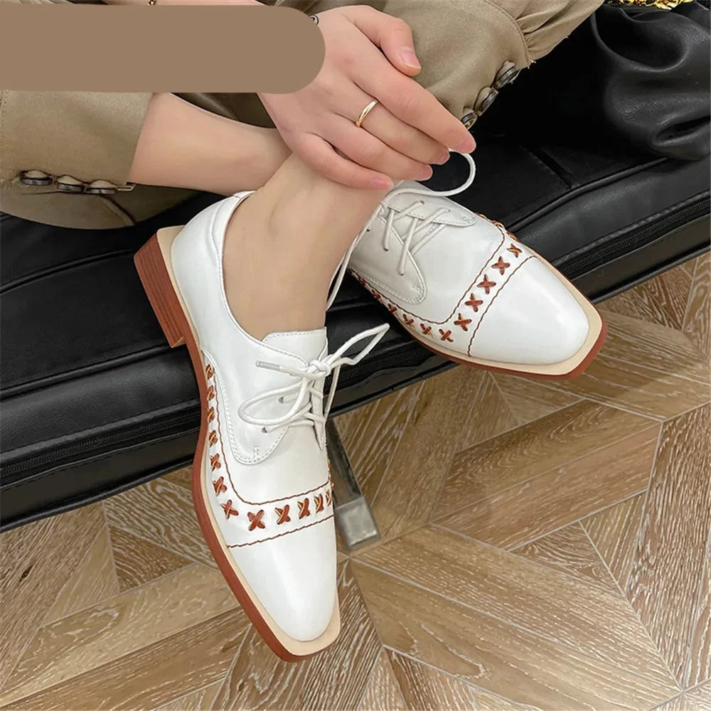New Arrival Women Genuine Leather Pumps Lace Up Round Toe Solid Color Square Heels Office Career Shoes Handmade KilyClothing