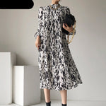 Stand Collar Women Full Sleeve Dress Elegant Hit Color Female Lace-up Printed Midi Dress KilyClothing