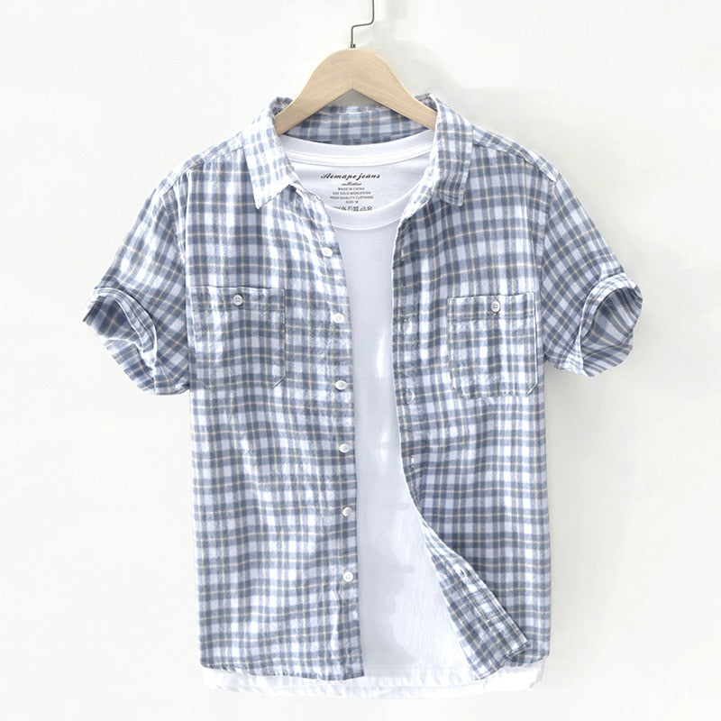 Short Sleeve Cotton Plaided Shirts For Men Japan Business Casual Minimalist Style KilyClothing