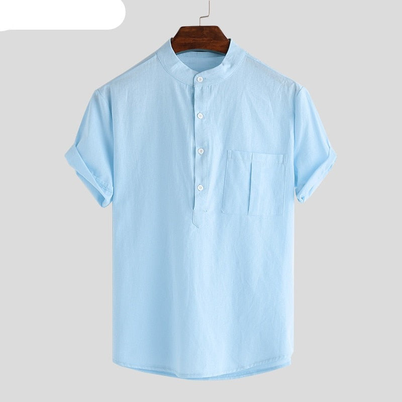 Casual Men Shirts Stand Collar Solid Cotton Blouse Short Sleeve Streetwear KilyClothing