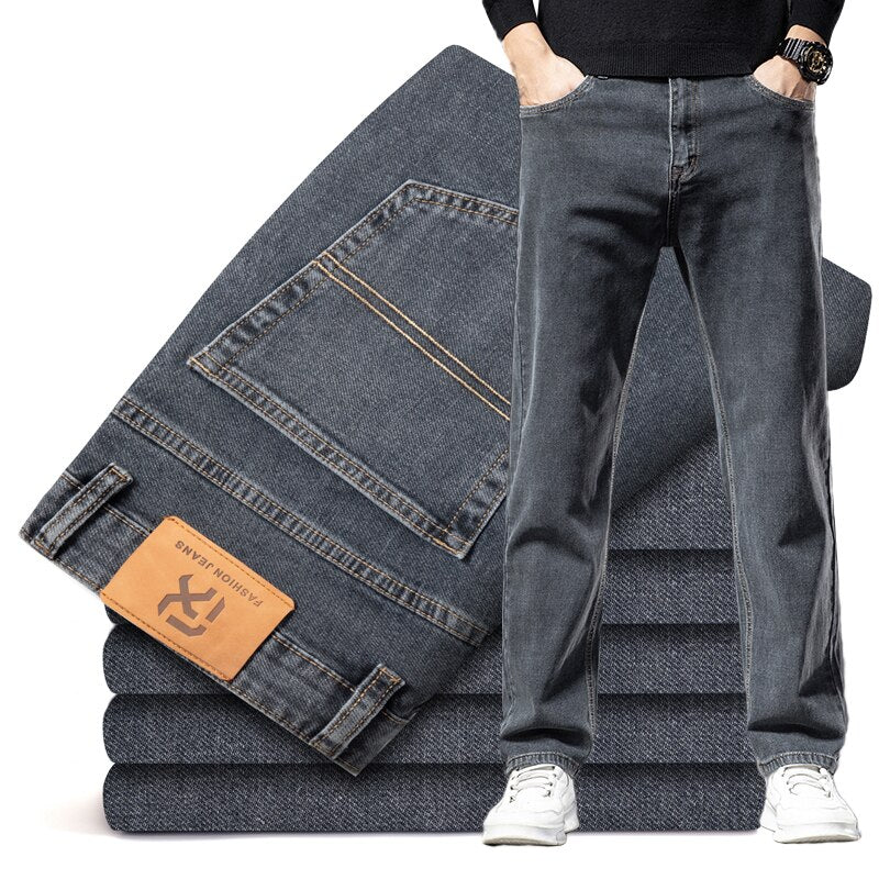 Dark Blue Straight-leg Brand Jeans Classic Style Business Casual Cotton Stretch Denim Pants KilyClothing