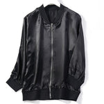 Women 100% Mulberry Silk black white solid color zip up bomber Jackets KilyClothing