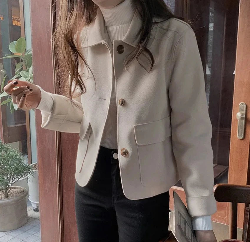 Korean Chic Fashion Womens Long Sleeve Cute Sweet Girls Solid Color Single Breasted Button Short Jackets Coats