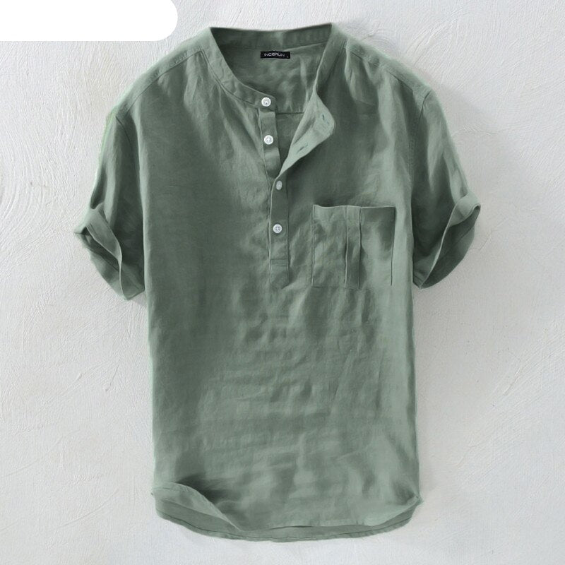 Casual Men Shirts Stand Collar Solid Cotton Blouse Short Sleeve Streetwear KilyClothing