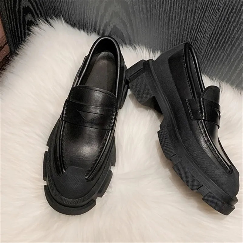Women Loafers Shoes Genuine Leather Thick Heels Pumps Round Toe Causal Med Heel Ladies Footwear Spring Autumn Black KilyClothing