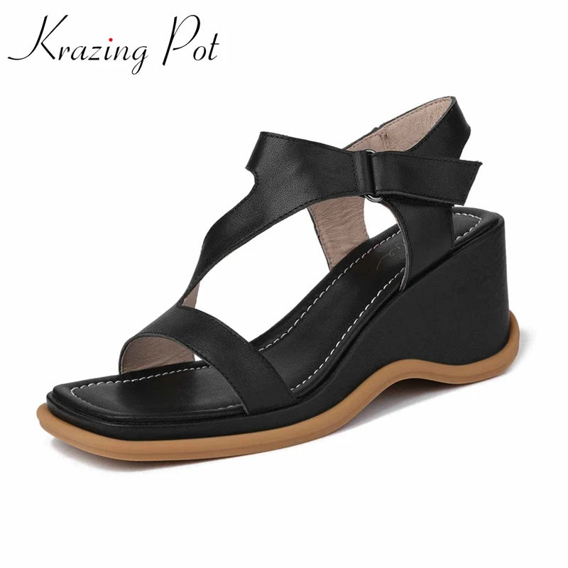 Krazing Pot Hot Open Toe Genuine Leather Square Toe High Heel Thick Bottom Simple Style High Fashion Hook Loop Sandals Women KilyClothing