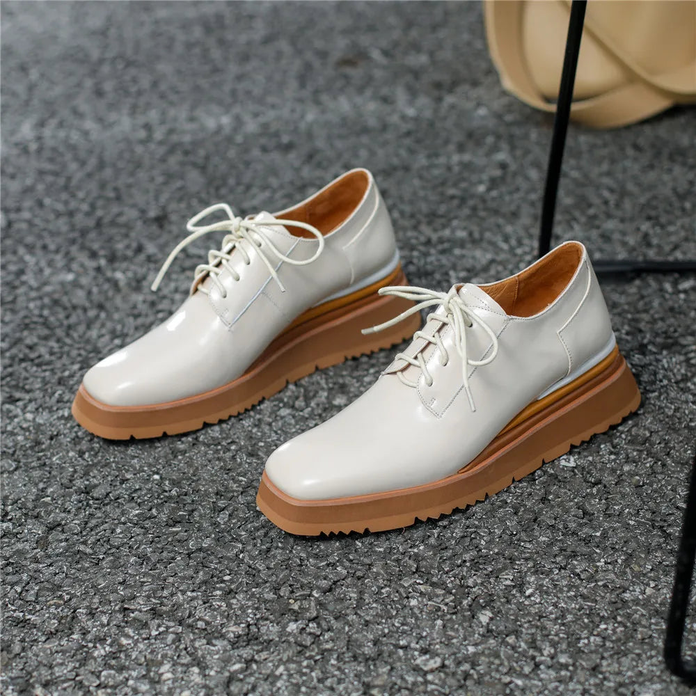 Women Anti Slip Oxford Casual Shoes Classic Style Platform Wedge Heel Patent Leather Lace Up Square Toe Fashion Pumps KilyClothing