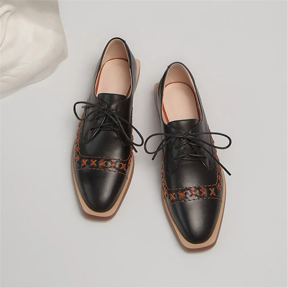 New Arrival Women Genuine Leather Pumps Lace Up Round Toe Solid Color Square Heels Office Career Shoes Handmade KilyClothing