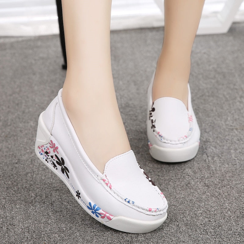 Genuine Leather Platform Shoes Wedges White Lady casual Shoes KilyClothing