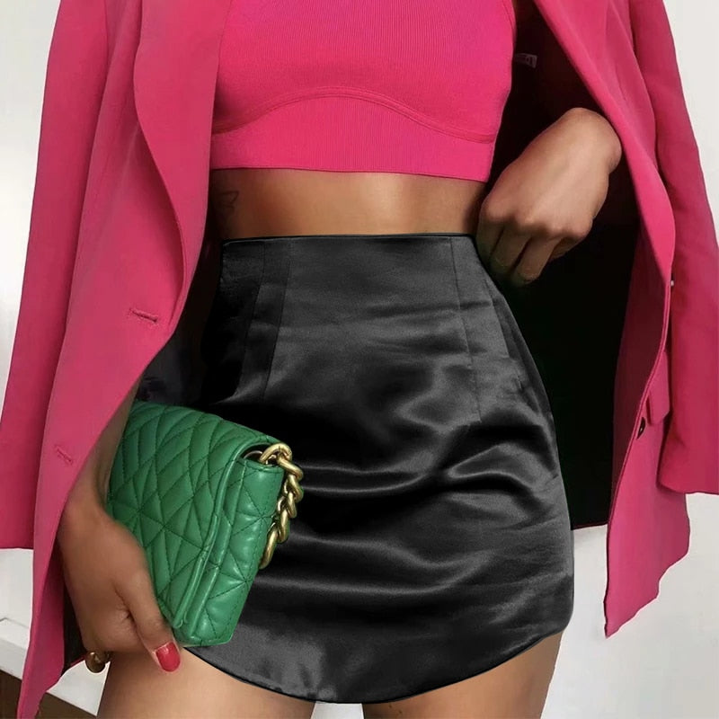 Slim Chic Elegant Women Mini Skirts Green Satin Street Solid Side Zipper Sexy Bodycon Skirt KilyClothing