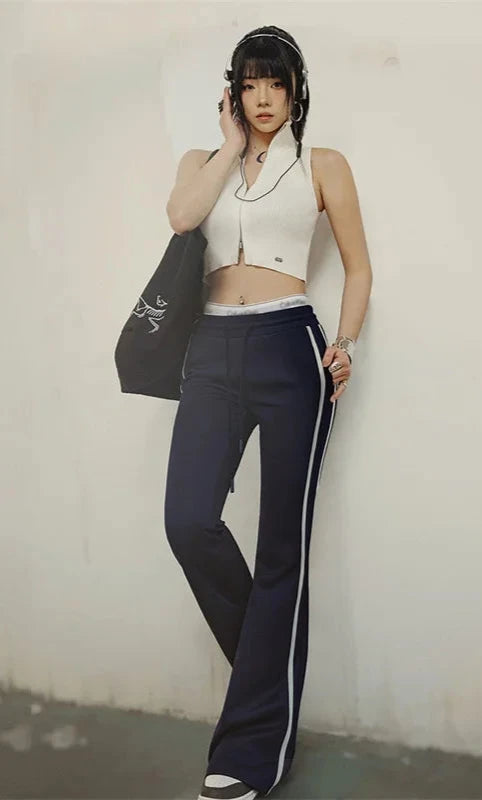 Contrasting Color Drawstring Sweatpants for Women Navy Casual PantsTrousers Streetwear Flare Pants