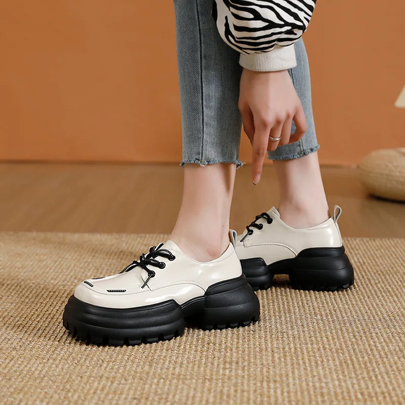 7cm New Genuine Leather Platform Flats Chunky Sneaker Casual Loafer High Brand Breathable Mixed Color Shoes KilyClothing