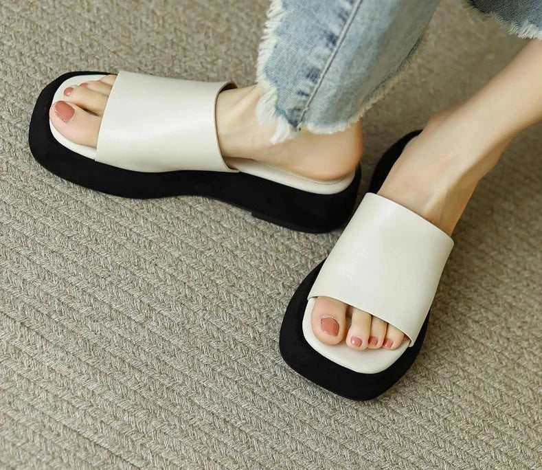 Summer Slides Full Grain Leather Thick Bottom Platform Young Lady High Quality KilyClothing