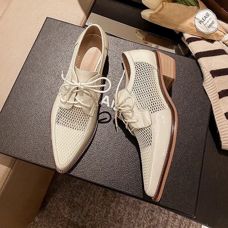 Zapatos Oxford de tela de red para mujer, zapatos planos con cordones para mujer, zapatos Derby con punta puntiaguda y tacones con cordones