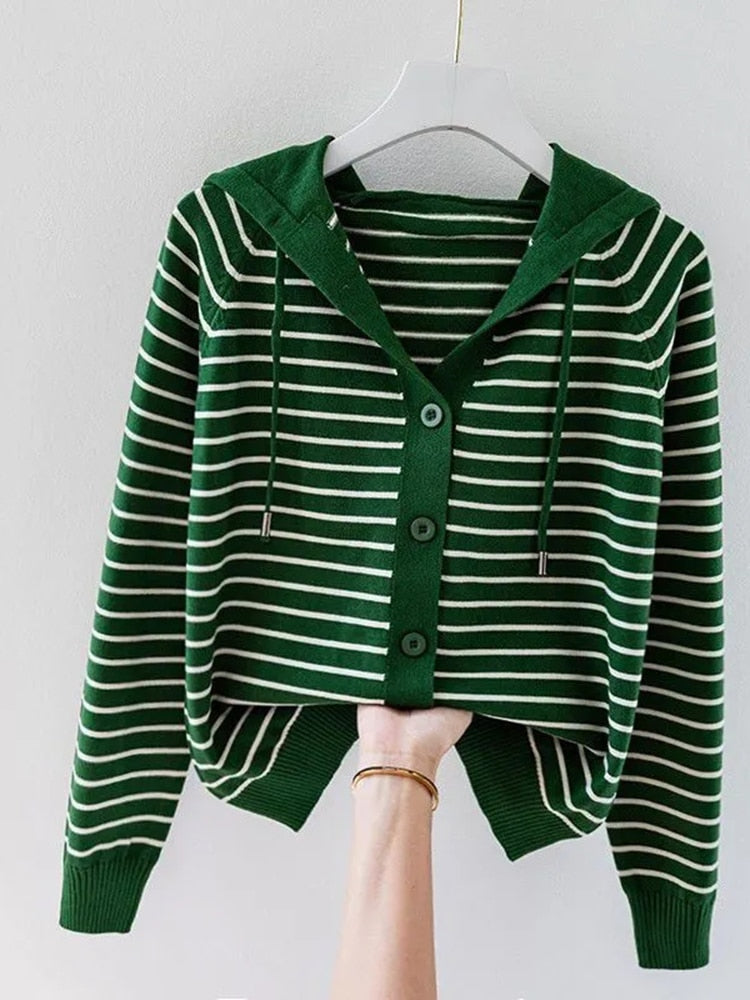 Stripe Hooded Thin Oversize 4xl Knitted Cardigan Tops KilyClothing