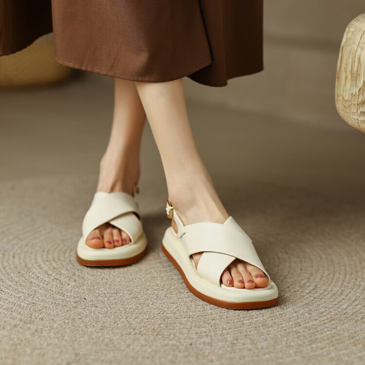 Leather  Sandals Chic Simple Style Platform Flats Sandalias Cross Strap Thick Sole KilyClothing