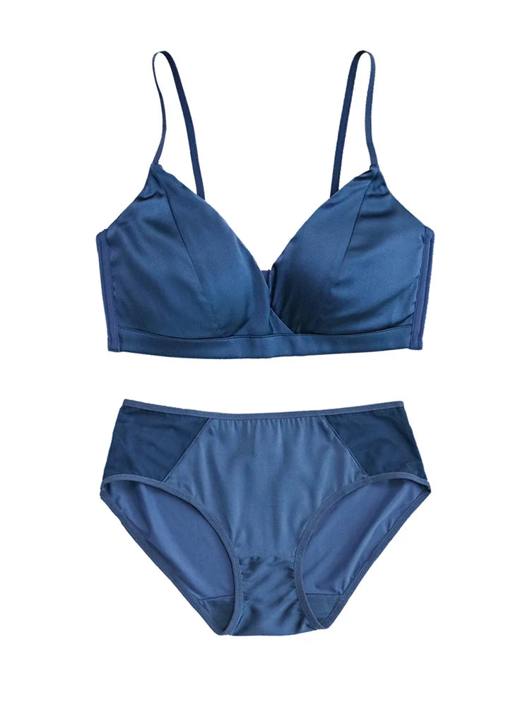 Women Silk Bra Set 92%Silk 8%Spandex Thin Mold Cup Wire Free Underwears Comfortable Intimates Blue Black