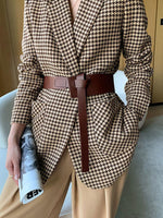 Vintage Houndstooth Woolen Blazer Jackets Fashion Elegant Casual Outerwear Coat With Belt KilyClothing