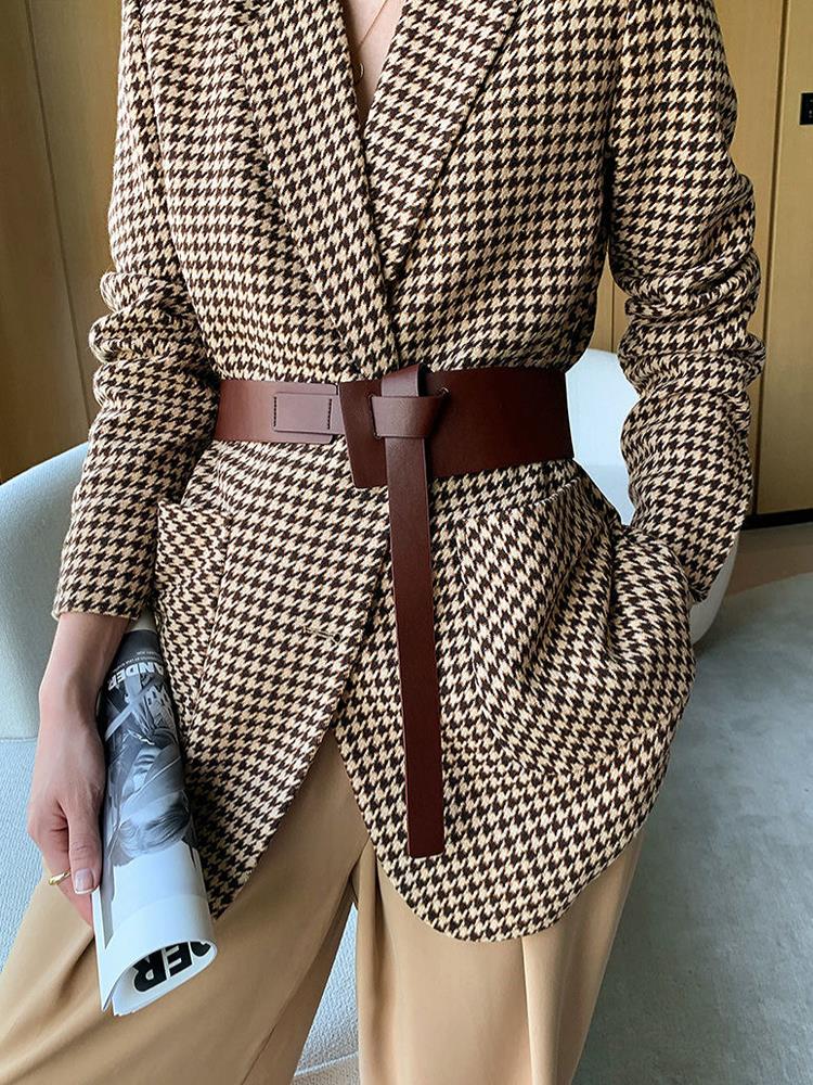 Vintage Houndstooth Woolen Blazer Jackets Fashion Elegant Casual Outerwear Coat With Belt KilyClothing