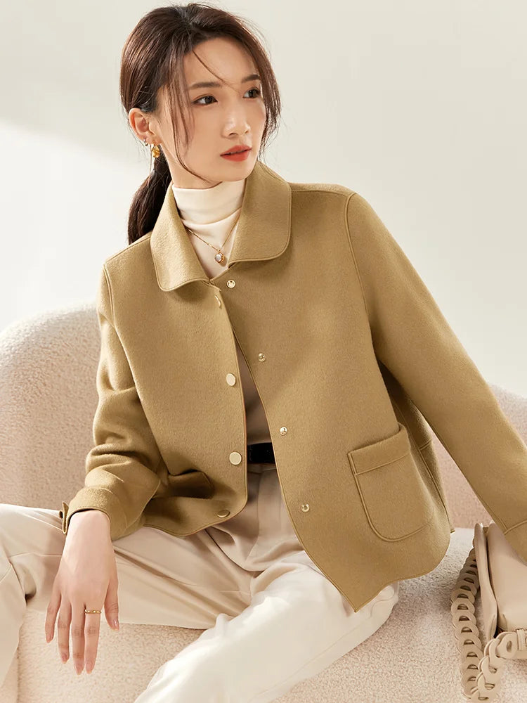 100% Wool Coat Pocket Warm Solid Office Lady Elegant Fashion Vintage Turn-down Collar Women  Coats