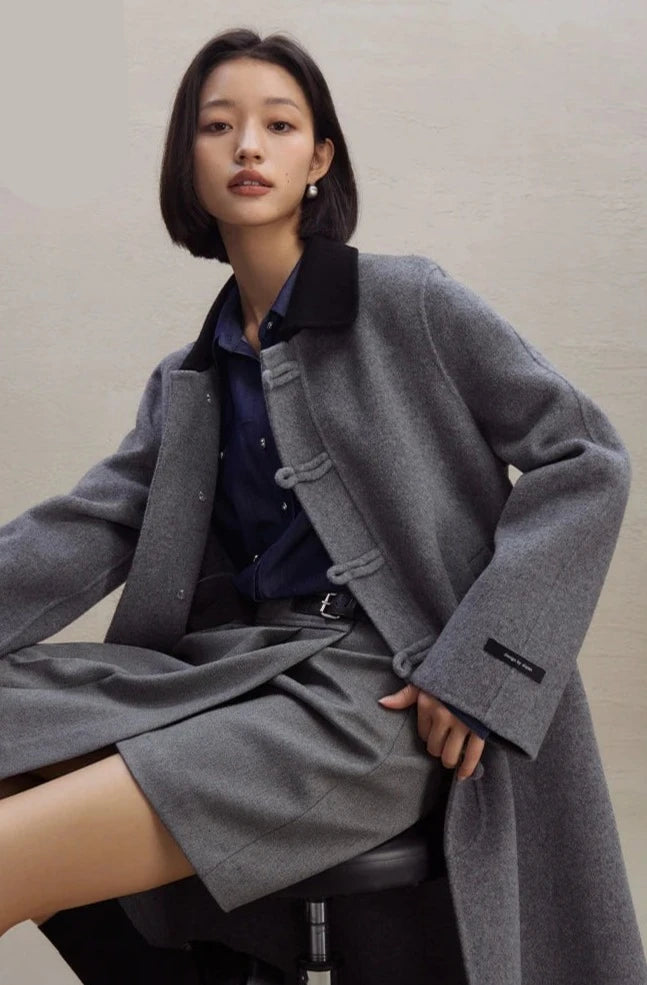 Abrigo de lana 100% largo, abrigo de lana de doble cara a cuadros para mujer, color de contraste de diseño elegante