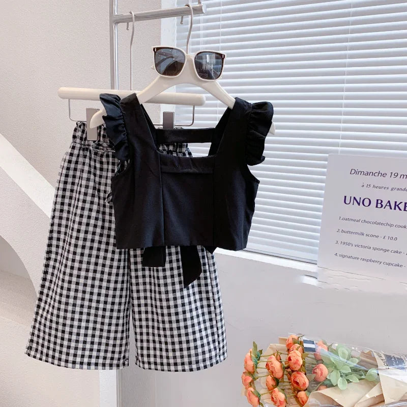 Summer Children'S Girls' Clothing Sets, Camisole Top Plus Plaid Wide-Leg Pants 2Pcs Fashion Baby Kids Clothes Suit KilyClothing