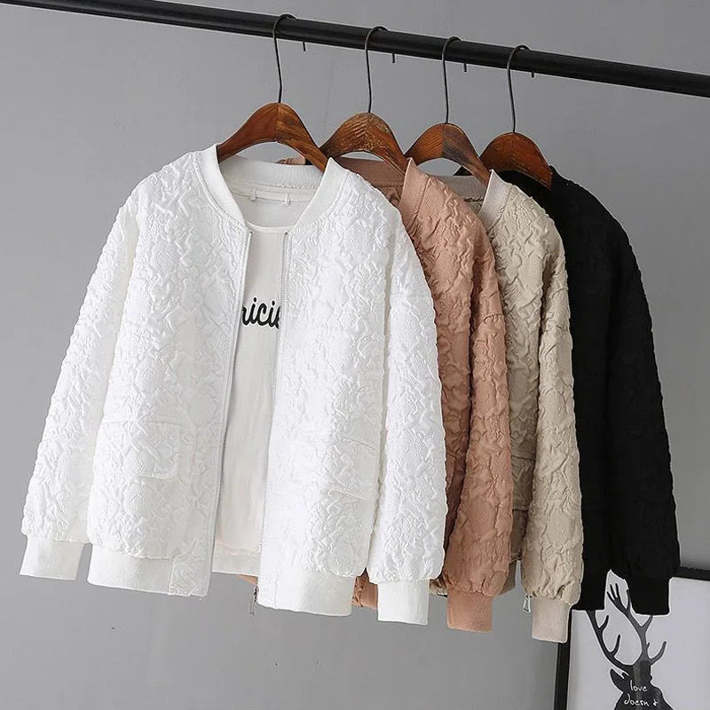 Solid Color Ladies Short Baseball Jacket, Korean Spring Casual White Jacket Top Female Cardigan Zipper Jackets Fashion KilyClothing