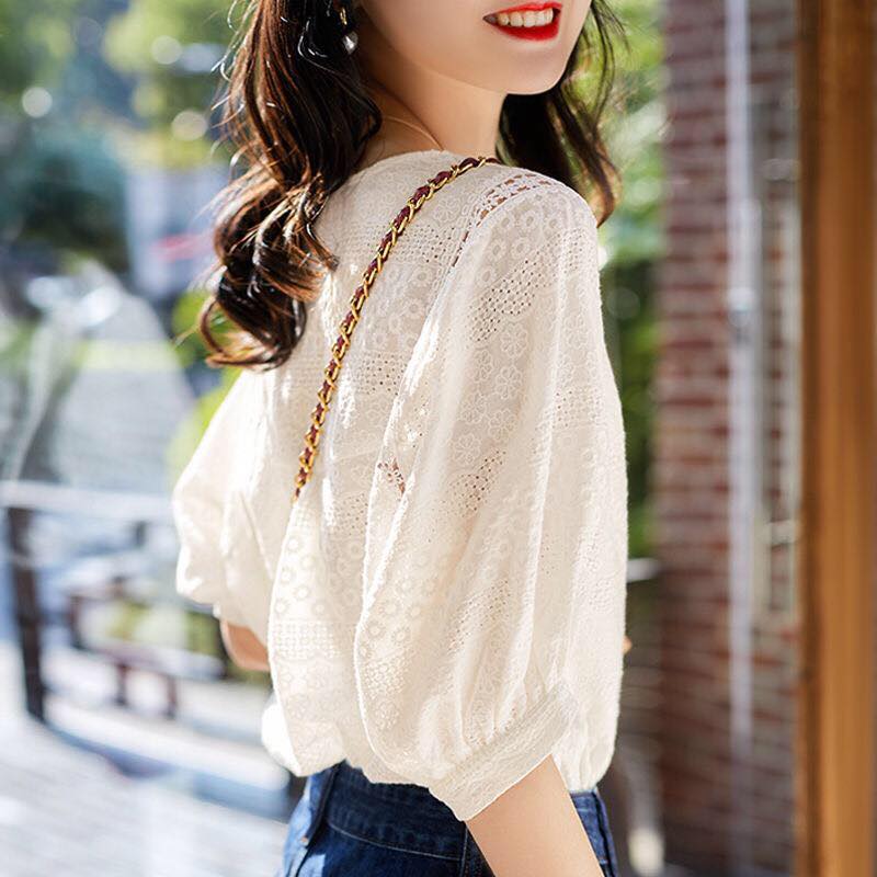 Embroidery Cotton Lace O-neck Casual Blouses= Korean  Sleeve Loose KilyClothing