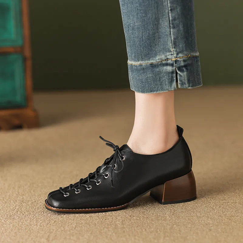 High Heel Square Toe Women Pumps Genuine Leather Concise Office Ladies Casual Lace-Up Shoes KilyClothing