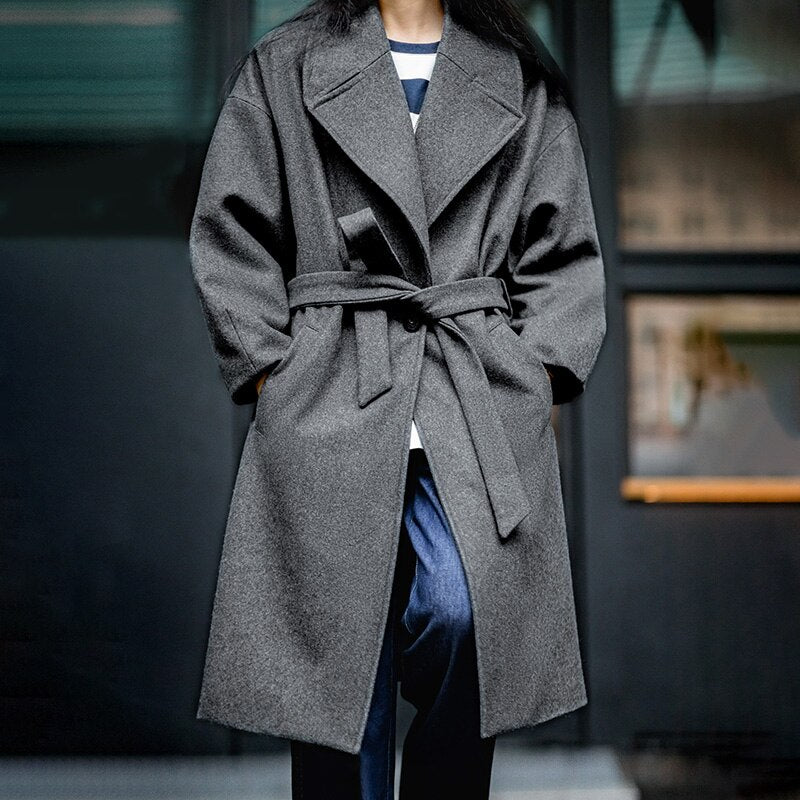 Wool Blends Coat for Women Lapel Collar Long Overcoat Belt Vintage Winter KilyClothing