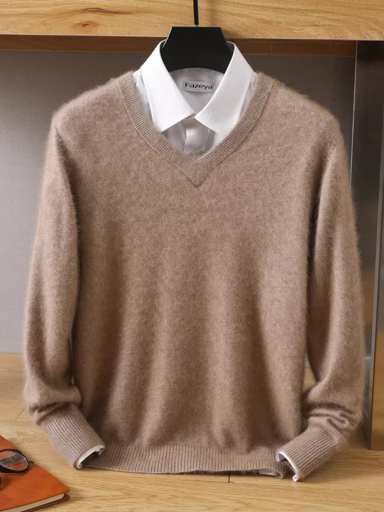 Men's 100% Mink Cashmere Sweater V-Neck Pullovers Knit Large Size Winter New Tops Long Sleeve High-End Jumpers KilyClothing
