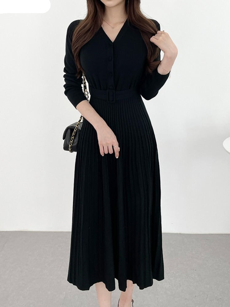 Hot Stretchy Women Knitted Sweater Pullover Dress  Basic Wear Lady Chic Korea Ruffles Knit Black Long Maxi Dress KilyClothing