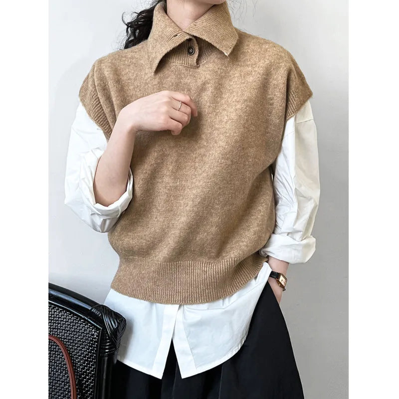 Turtleneck Sleeveless Loose Sweater Vest for Women, Button Design Pullover Knitted Vest KilyClothing