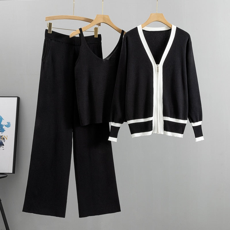 3 Piece Set Women Sexy Vest + Long Sleeve Zipper Cardigan + Elastic Waist Pants Tracksuit Knitted Suit KilyClothing