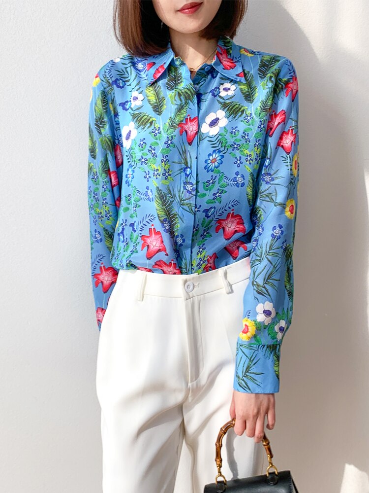 Silk Shirt 100% Mulberry Silk Crepe Silk Blue Floral Printed Buttons Down Long Sleeve KilyClothing