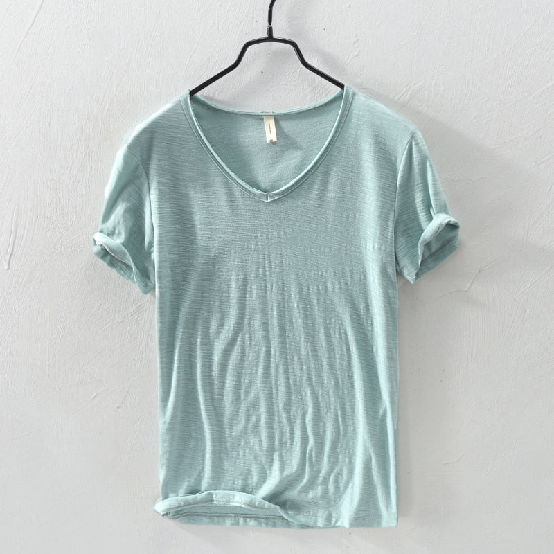 100% Cotton T-shirt Men V-neck Solid Color Casual KilyClothing
