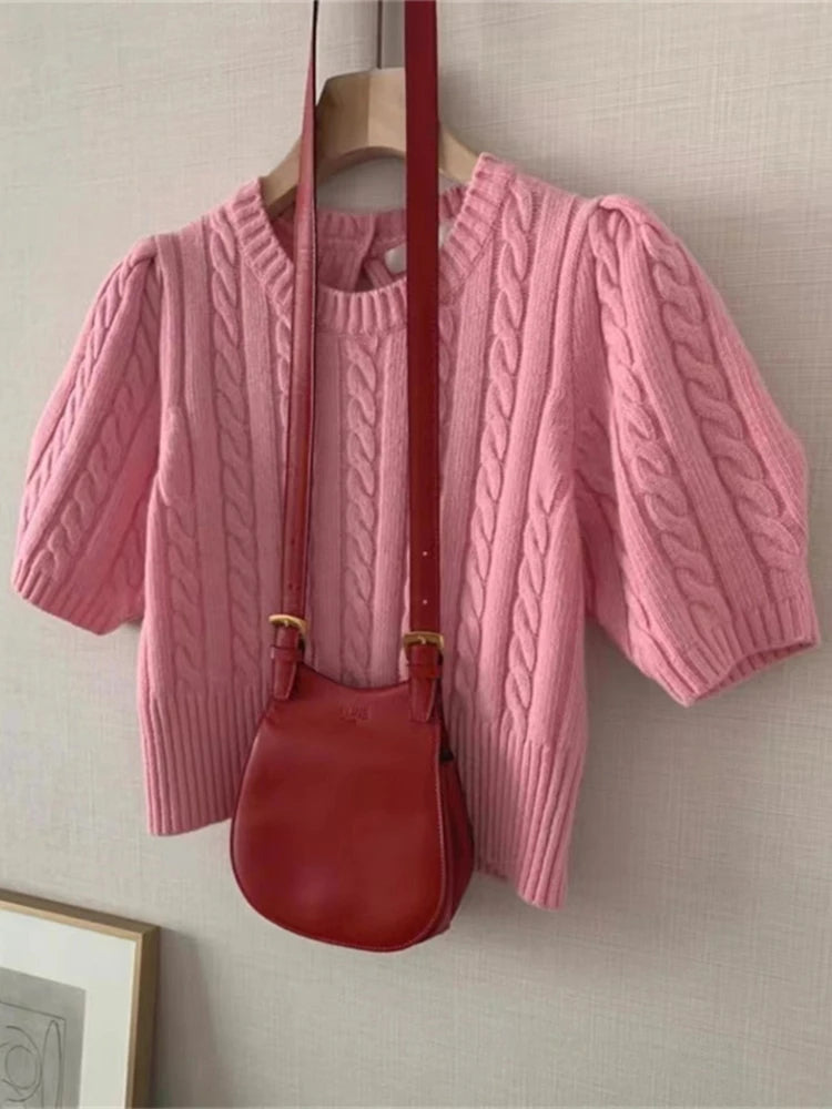 Chic Pink Puff Sleeve Korean Fashion Shirt for woman, elegant lady Cutout Women T-Shirts Spring Summer KilyClothing