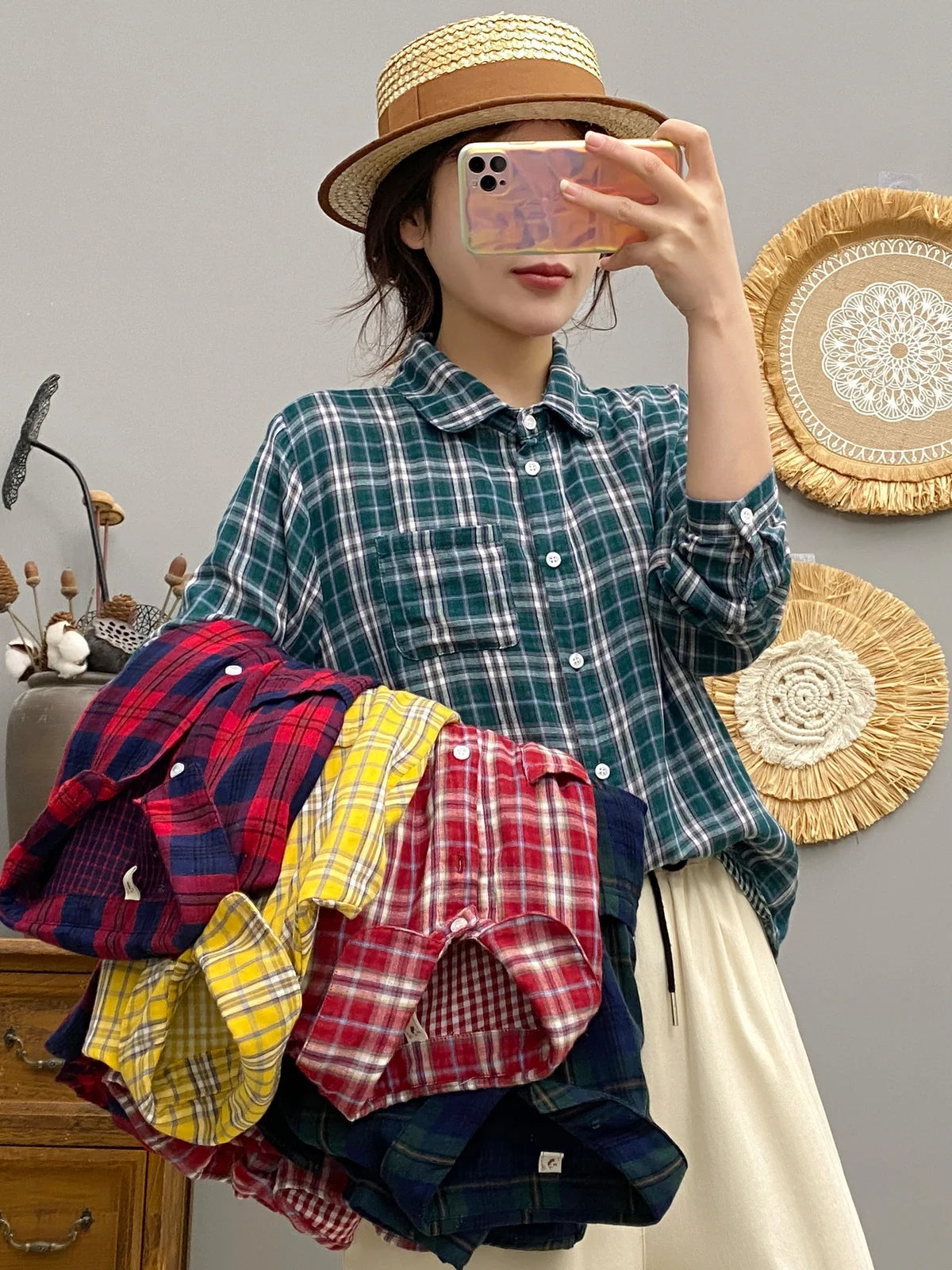 Women 100% Cotton Yarn Checkered Blouse Mori Girl Japan Fashion Long Sleeve Plaid Tops for Women KilyClothing