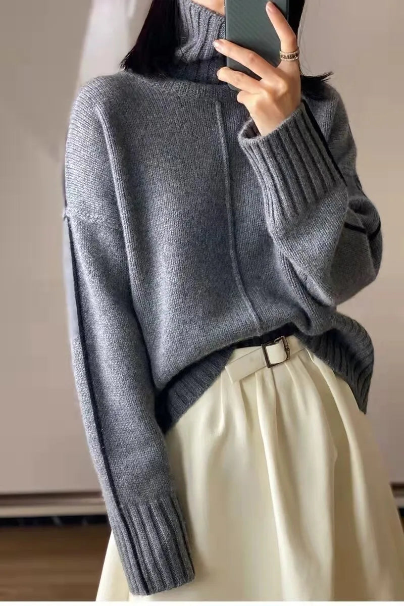 Women's Pure Cashmere Turtleneck Sweater, Loose Pullover, Thick Bottoming, Color Matching, Autumn and Wint