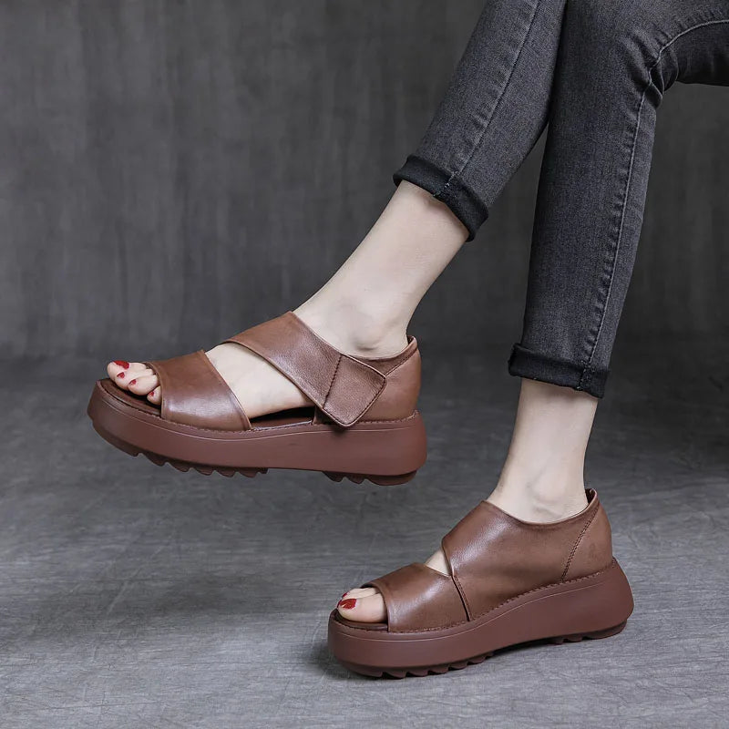 Women Platform Sandals for Summer. Wedges Heel Open Toe Shoes 100% Genuine Leather Casual Sandals Female Handmade Retro KilyClothing