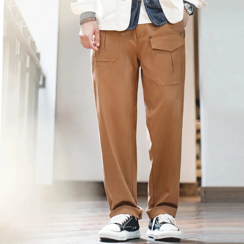 Pants Casual 100% Cotton Paris Button Straight Trousers Men's Vintage Workwear KilyClothing