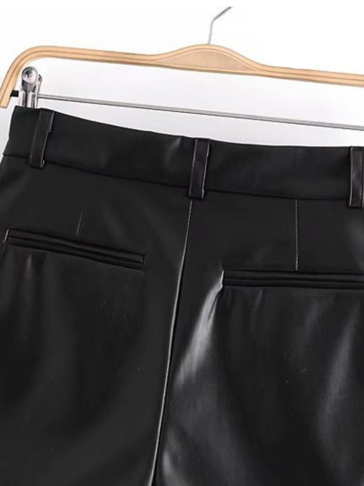 Chic Fashion Side Pockets Faux Leather Shorts Vintage High Waist KilyClothing