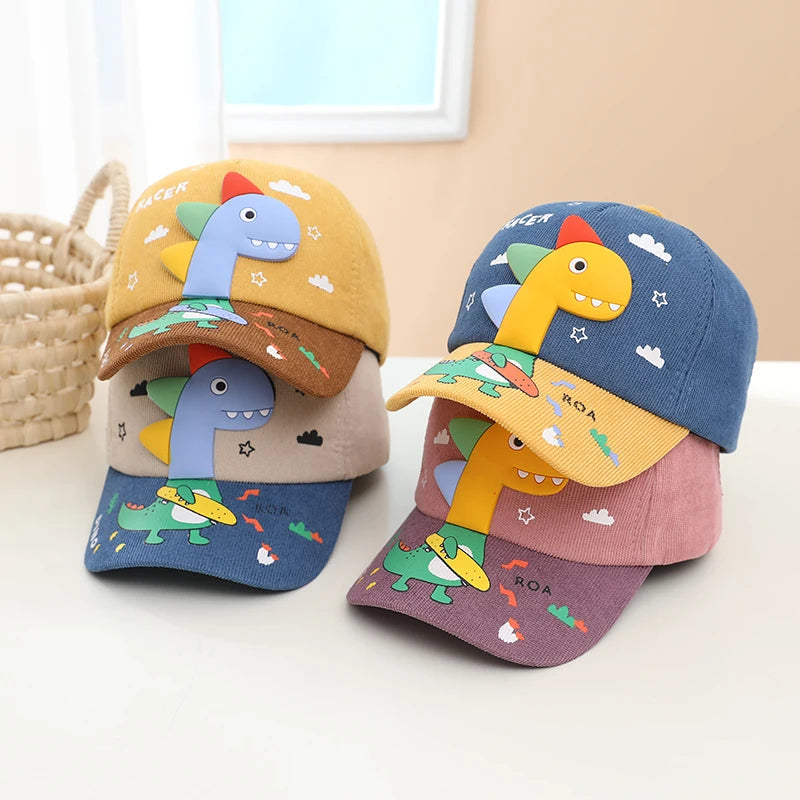 Gorra de béisbol para niños y niñas, diseño de dinosaurio de dibujos animados de pana multicolor con visera, sombrero de primavera al aire libre