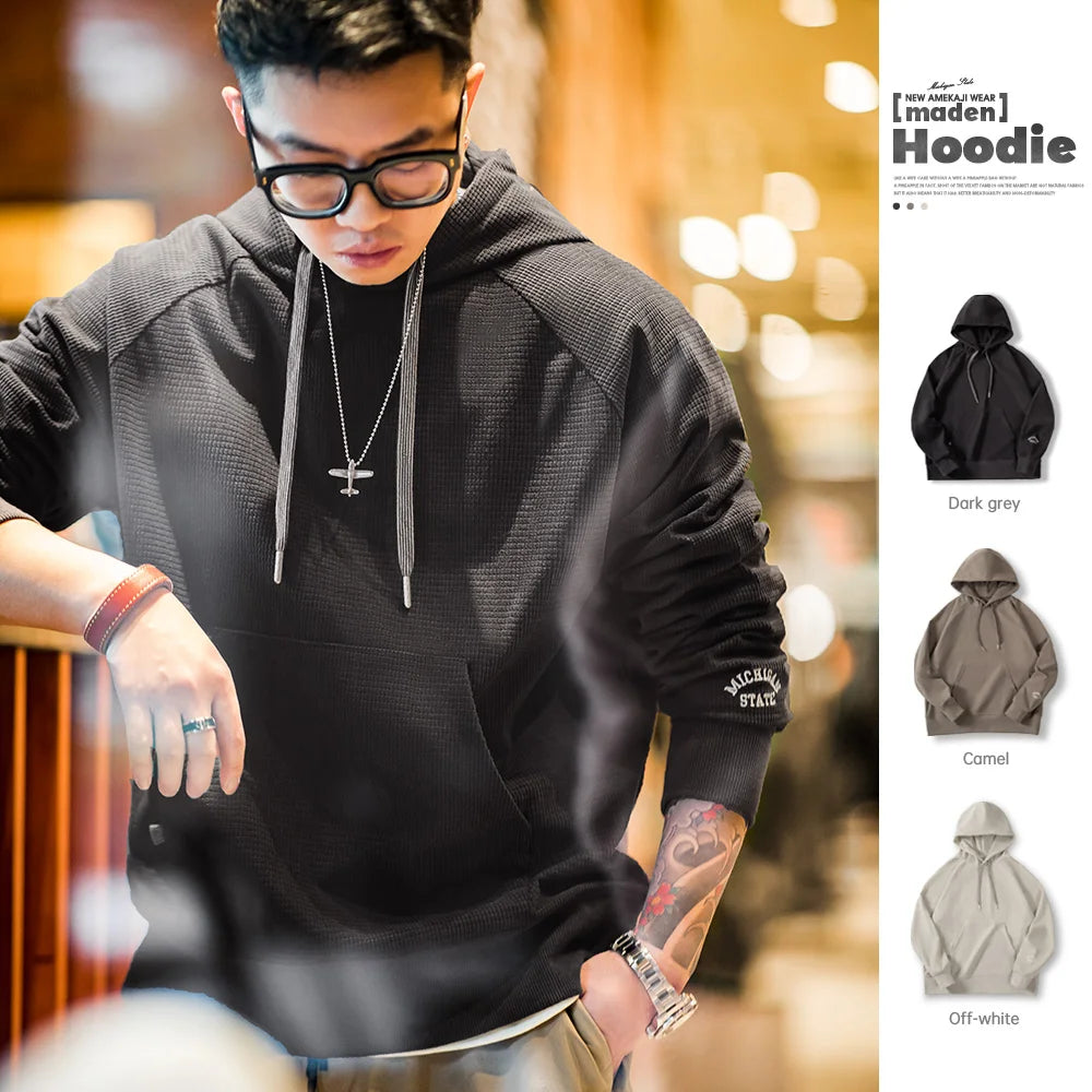 Embroidered Hoodies for Men, Solid Color Hooded Sweatshirts, Essential Pullovers Loose Streetwear