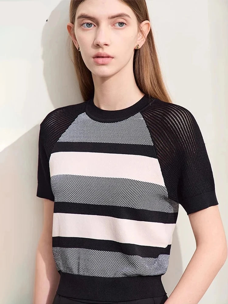Women's Clothing Summer New Striped Short Sleeve High Elastic Straight Short Knit Sweater