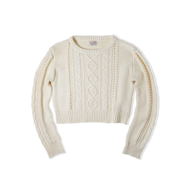 Vintage Sweater O-Neck Hollow Twist Rhombus Sweaters Beige Cable Knitted KilyClothing